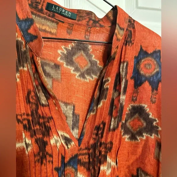 Ralph Lauren Womens Rust Southwest Popover Pleated Blouse L/s Ck Measurements - Picture 2 of 10
